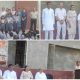 Photo collage of Brahma Kumaris 10 Crore De-Addiction Pledge Campaign at Govt Aarohi Senior Secondary School Tosham with BK Manju, BK Kamlesh, Principal Vikas Mehta, Prof. Jaswant, and Shakuntla Behn.
